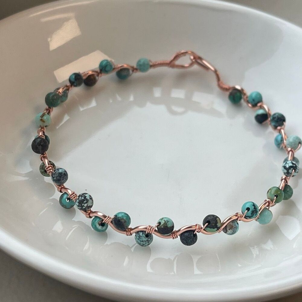 African turquoise 7” copper wire beaded beads handcrafted handmade dainty